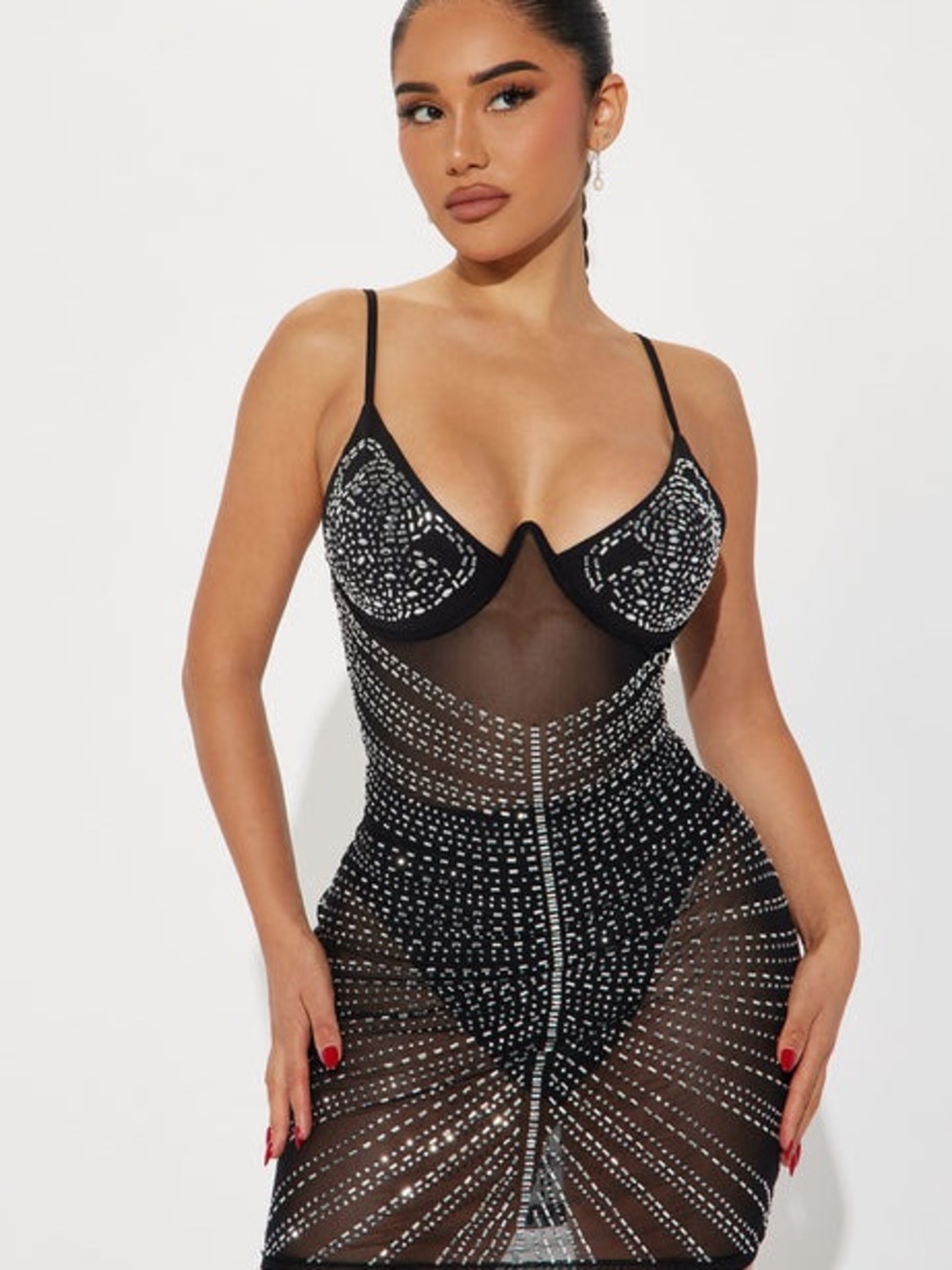 Fashion Nova Black Mesh Mini Dress with Silver Embellishment